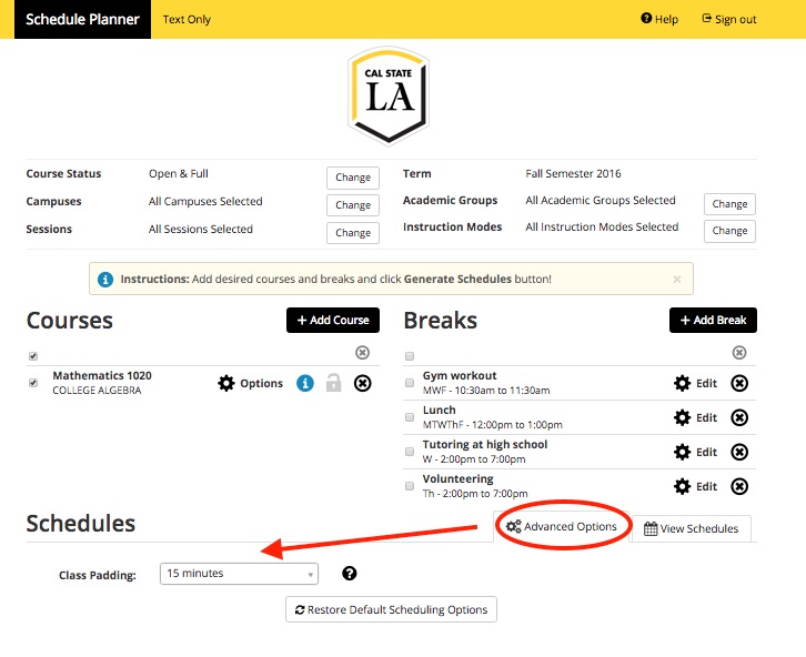 Screenshot of Schedule Planner > Class padding